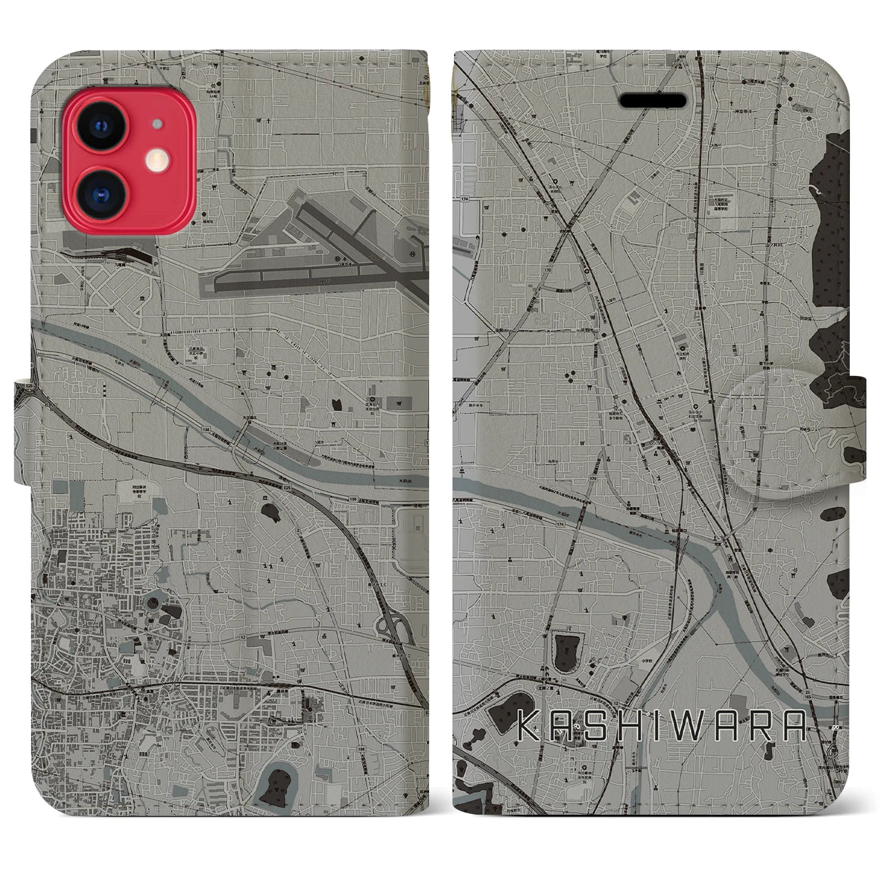 【柏原(大阪府)】地図柄iPhoneケース(手帳タイプ)モノトーン・iPhone 11 用