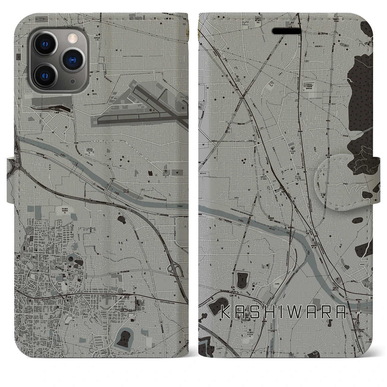 【柏原(大阪府)】地図柄iPhoneケース(手帳タイプ)モノトーン・iPhone 11 Pro Max 用