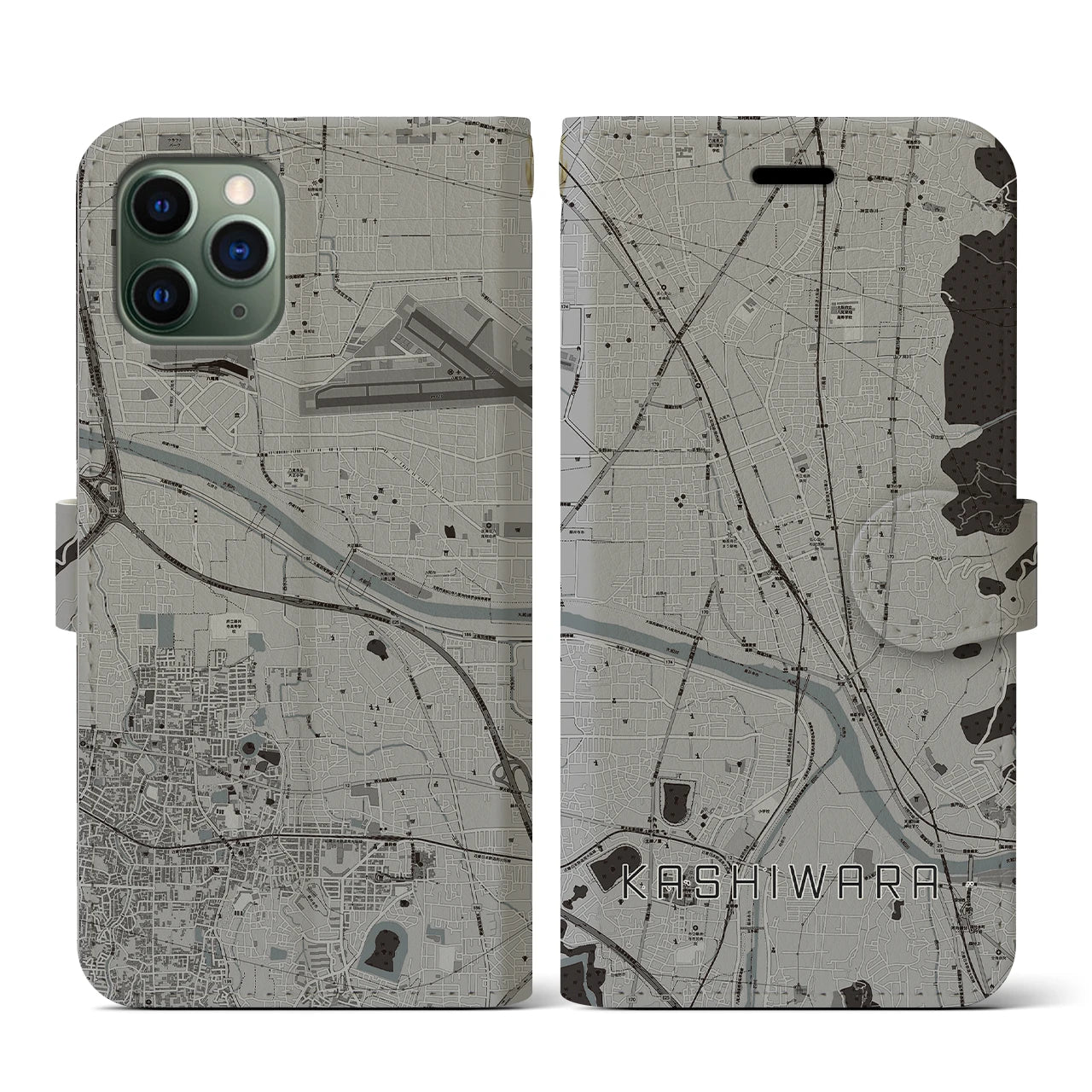 【柏原(大阪府)】地図柄iPhoneケース(手帳タイプ)モノトーン・iPhone 11 Pro 用