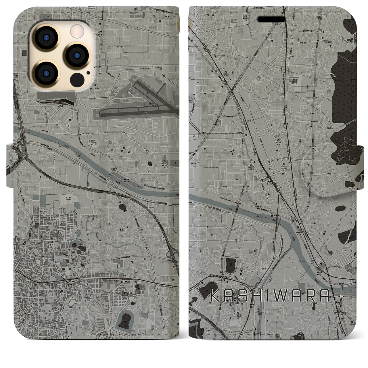 【柏原(大阪府)】地図柄iPhoneケース(手帳タイプ)モノトーン・iPhone 12 Pro Max 用