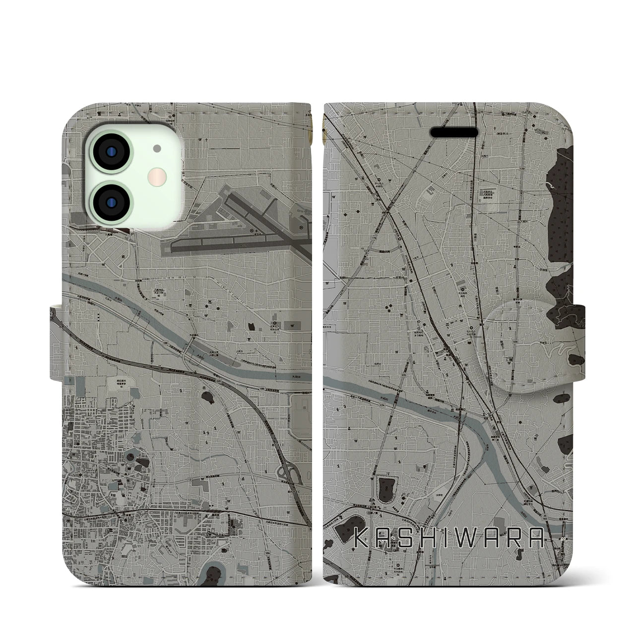 【柏原(大阪府)】地図柄iPhoneケース(手帳タイプ)モノトーン・iPhone 12 mini 用