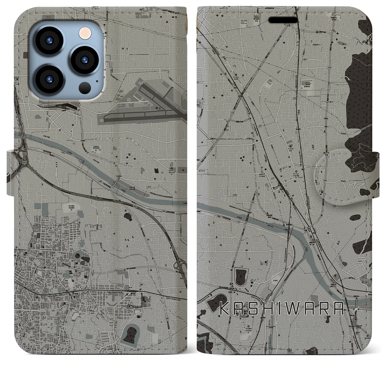【柏原(大阪府)】地図柄iPhoneケース(手帳タイプ)モノトーン・iPhone 13 Pro Max 用