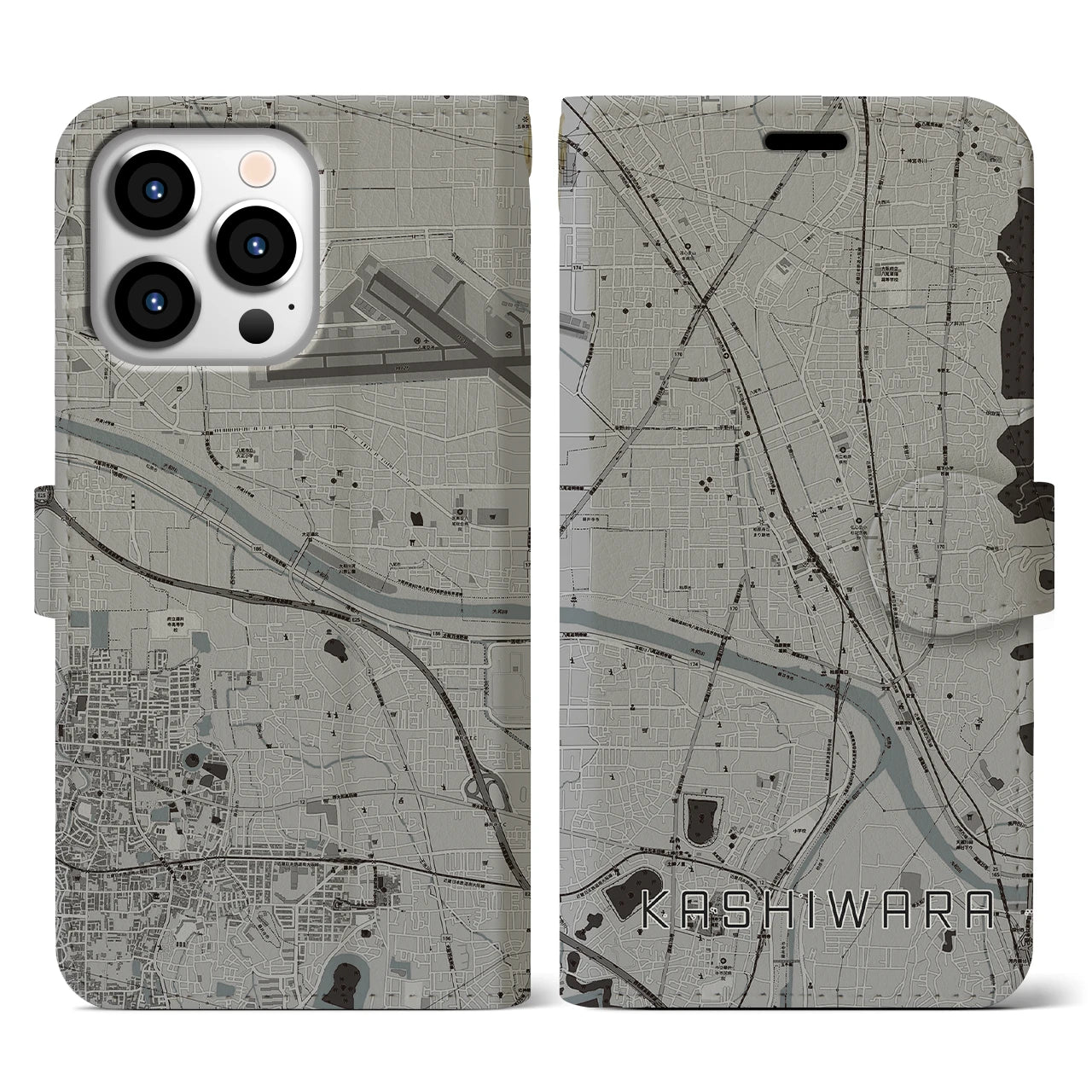 【柏原(大阪府)】地図柄iPhoneケース(手帳タイプ)モノトーン・iPhone 13 Pro 用