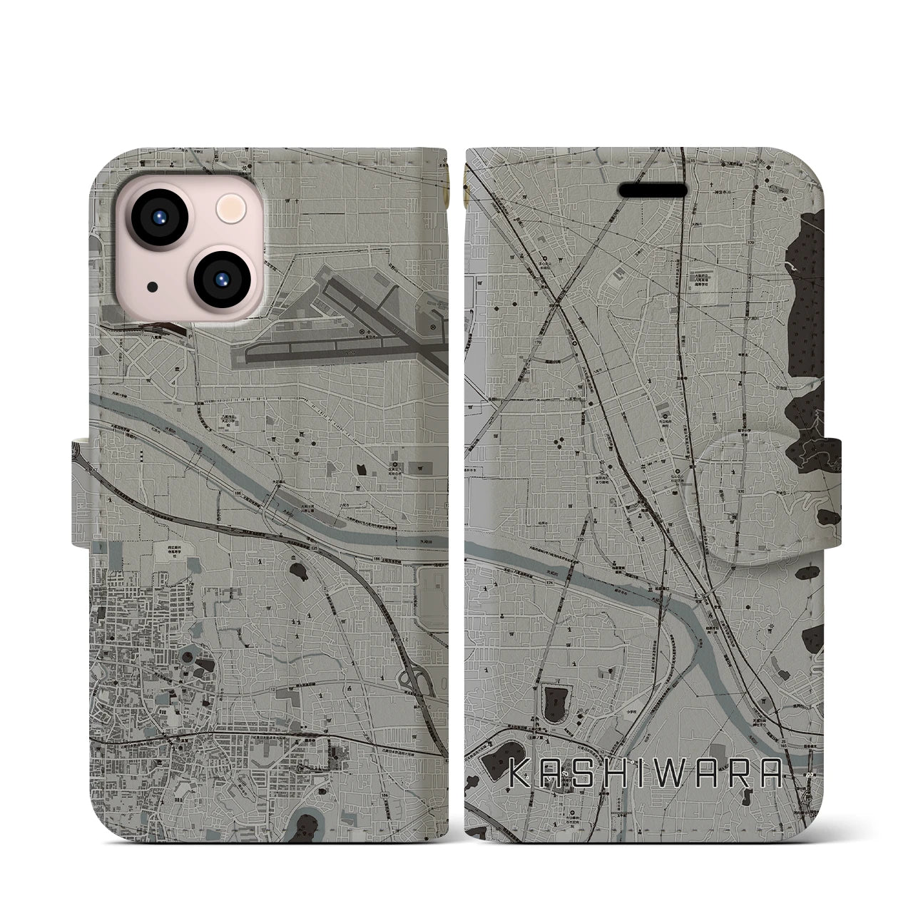 【柏原(大阪府)】地図柄iPhoneケース(手帳タイプ)モノトーン・iPhone 13 mini 用
