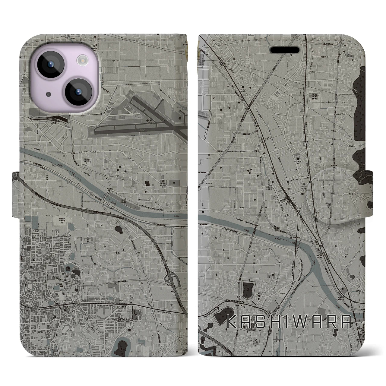 【柏原(大阪府)】地図柄iPhoneケース(手帳タイプ)モノトーン・iPhone 14 用