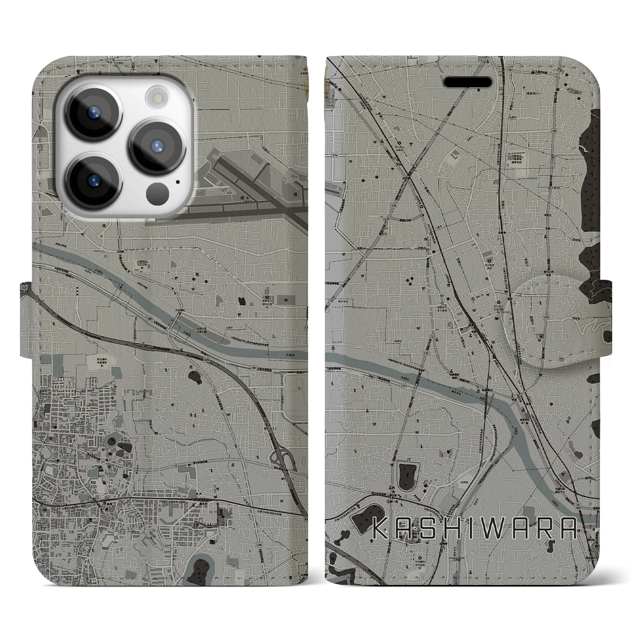 【柏原(大阪府)】地図柄iPhoneケース(手帳タイプ)モノトーン・iPhone 14 Pro 用