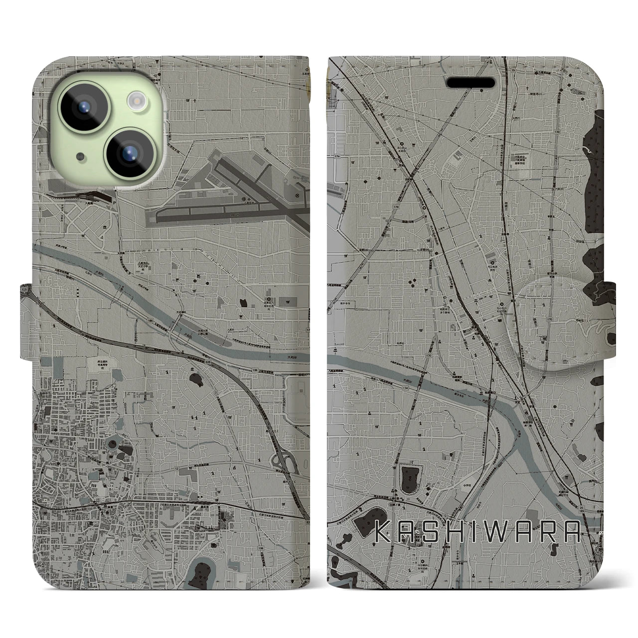 【柏原(大阪府)】地図柄iPhoneケース(手帳タイプ)モノトーン・iPhone 15 用