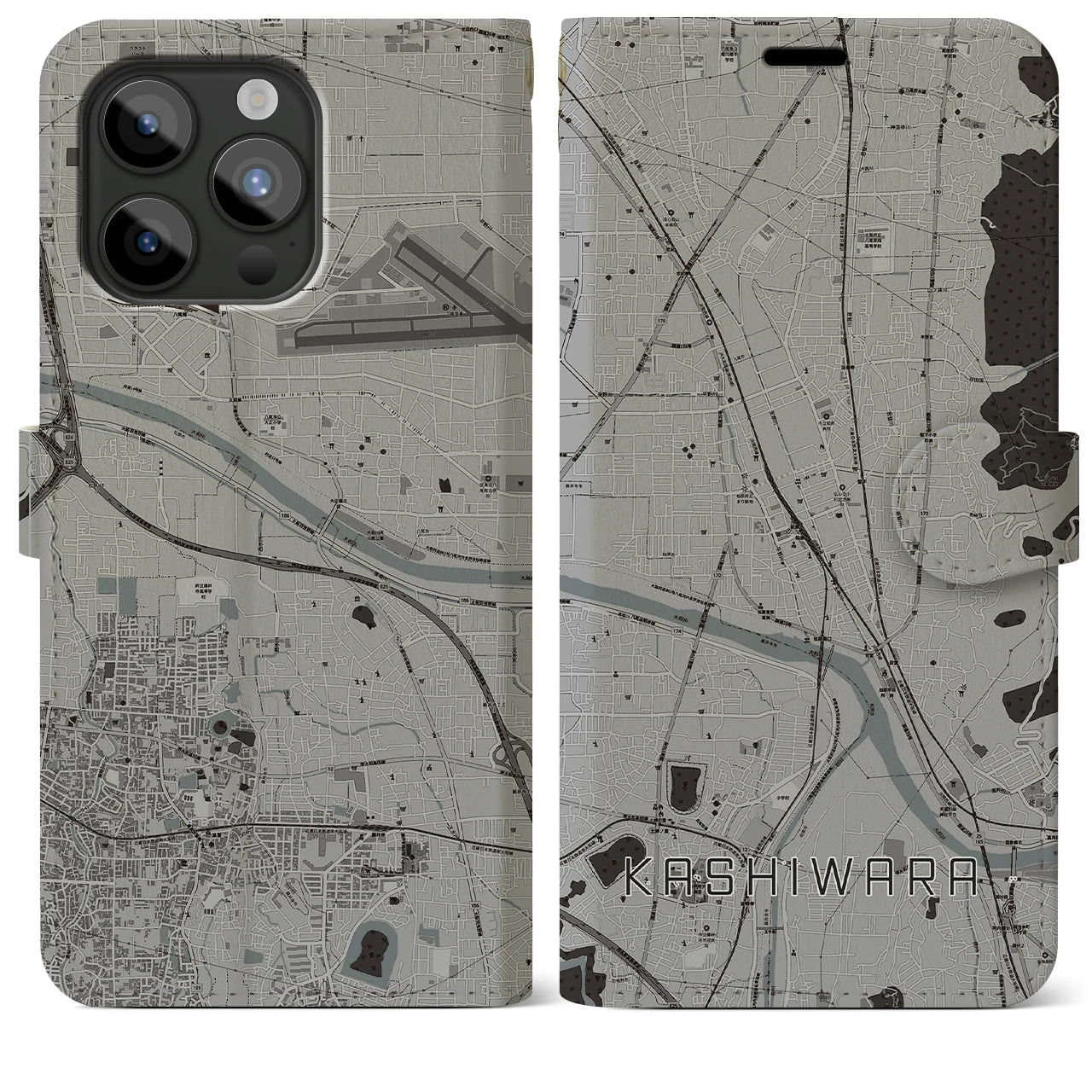 【柏原(大阪府)】地図柄iPhoneケース(手帳タイプ)モノトーン・iPhone 15 Pro Max 用
