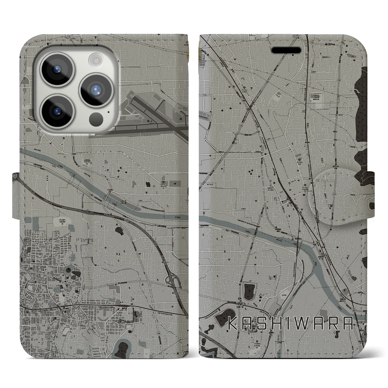 【柏原(大阪府)】地図柄iPhoneケース(手帳タイプ)モノトーン・iPhone 15 Pro 用