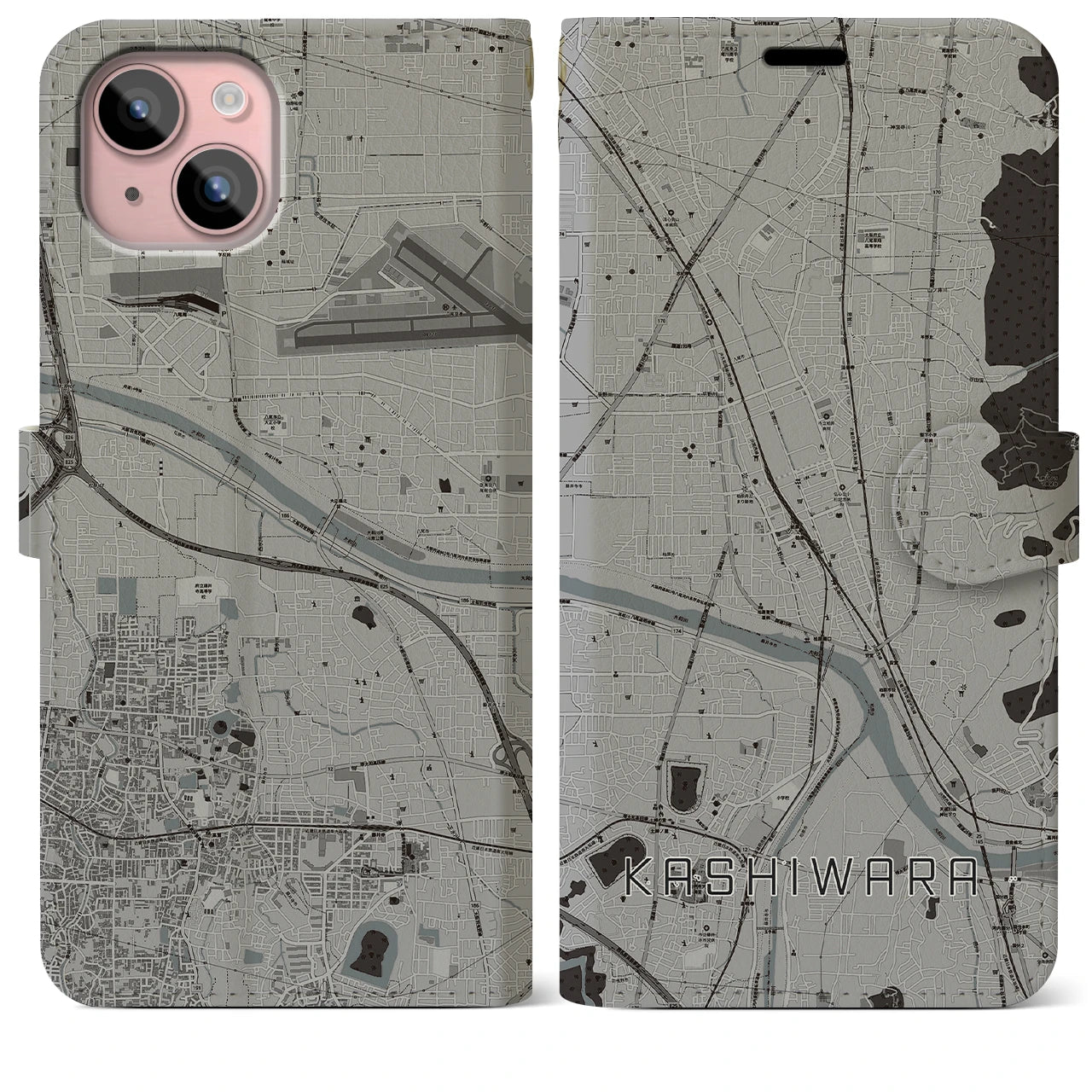 【柏原(大阪府)】地図柄iPhoneケース(手帳タイプ)モノトーン・iPhone 15 Plus 用