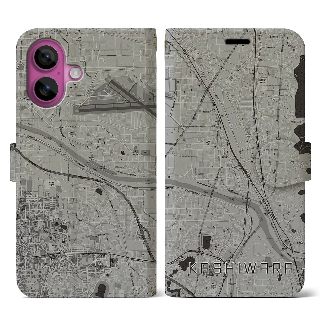 【柏原(大阪府)】地図柄iPhoneケース(手帳タイプ)モノトーン・iPhone 16 Pro 用