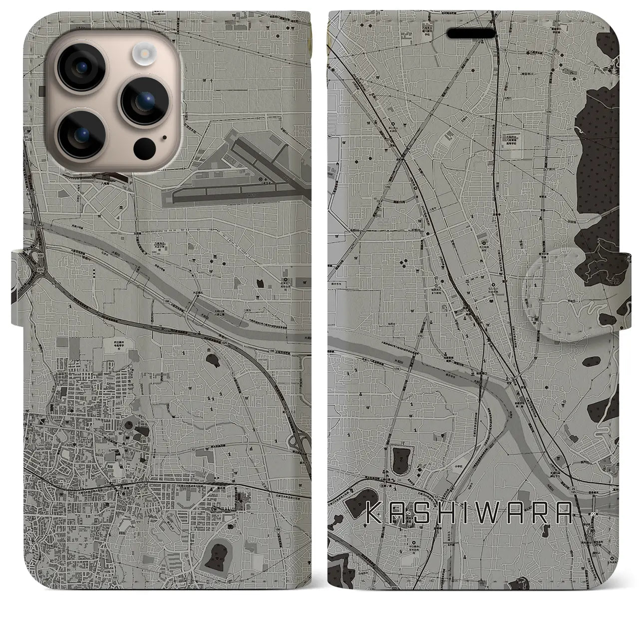 【柏原(大阪府)】地図柄iPhoneケース(手帳タイプ)モノトーン・iPhone 16 Plus 用