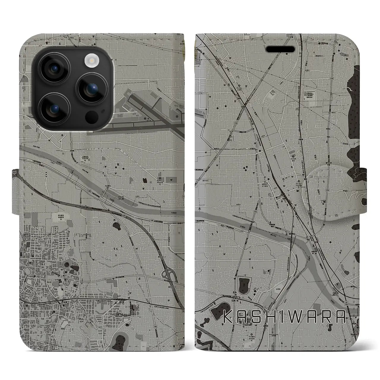 【柏原(大阪府)】地図柄iPhoneケース(手帳タイプ)モノトーン・iPhone 16 用