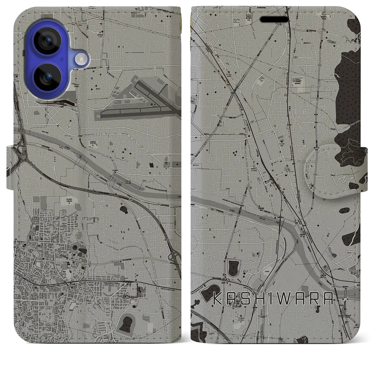 【柏原(大阪府)】地図柄iPhoneケース(手帳タイプ)モノトーン・iPhone 16 Pro Max 用