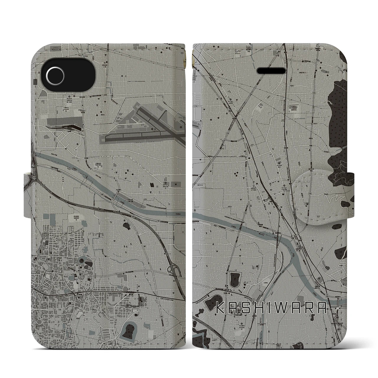 【柏原(大阪府)】地図柄iPhoneケース(手帳タイプ)モノトーン・iPhone SE(第3 / 第2世代) / 8 / 7 / 6s / 6 用