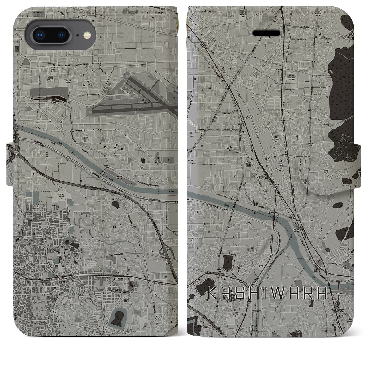 【柏原(大阪府)】地図柄iPhoneケース(手帳タイプ)モノトーン・iPhone 8Plus /7Plus / 6sPlus / 6Plus 用