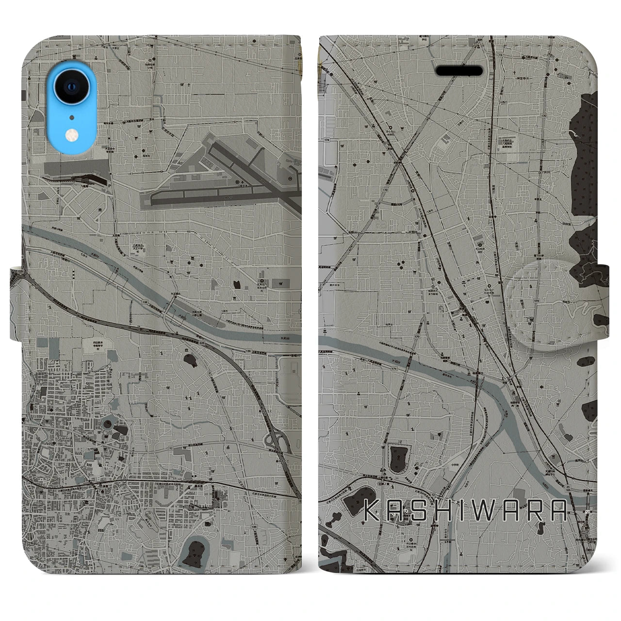 【柏原(大阪府)】地図柄iPhoneケース(手帳タイプ)モノトーン・iPhone XR 用