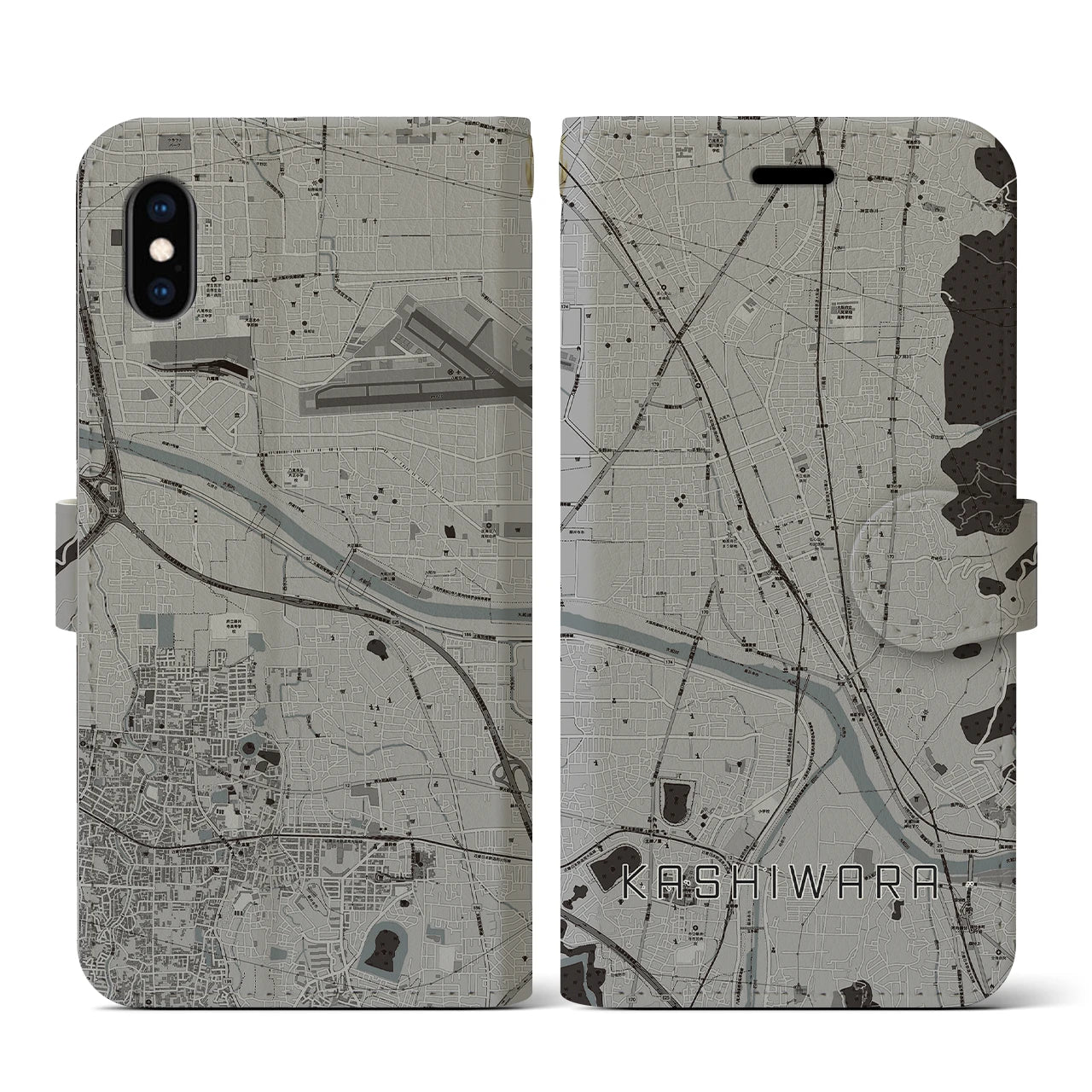 【柏原(大阪府)】地図柄iPhoneケース(手帳タイプ)モノトーン・iPhone XS / X 用