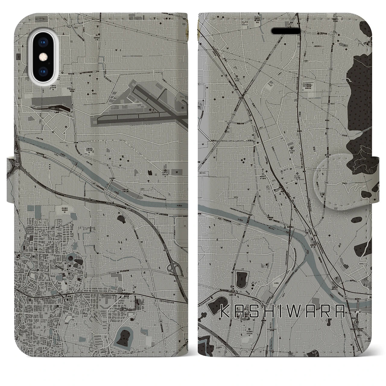 【柏原(大阪府)】地図柄iPhoneケース(手帳タイプ)モノトーン・iPhone XS Max 用