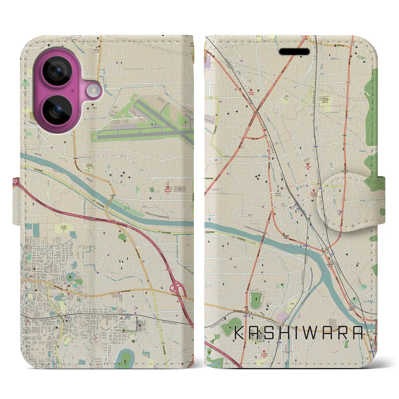 【柏原(大阪府)】地図柄iPhoneケース(手帳タイプ)ナチュラル・iPhone 16 Pro 用