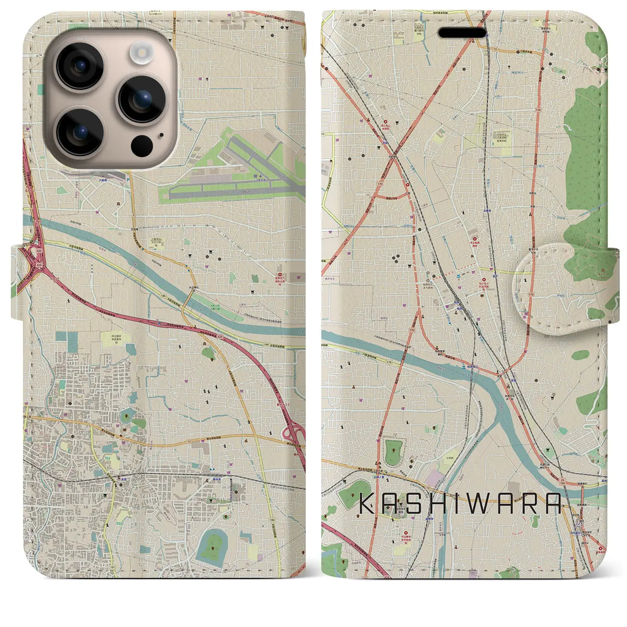 【柏原(大阪府)】地図柄iPhoneケース(手帳タイプ)ナチュラル・iPhone 16 Plus 用