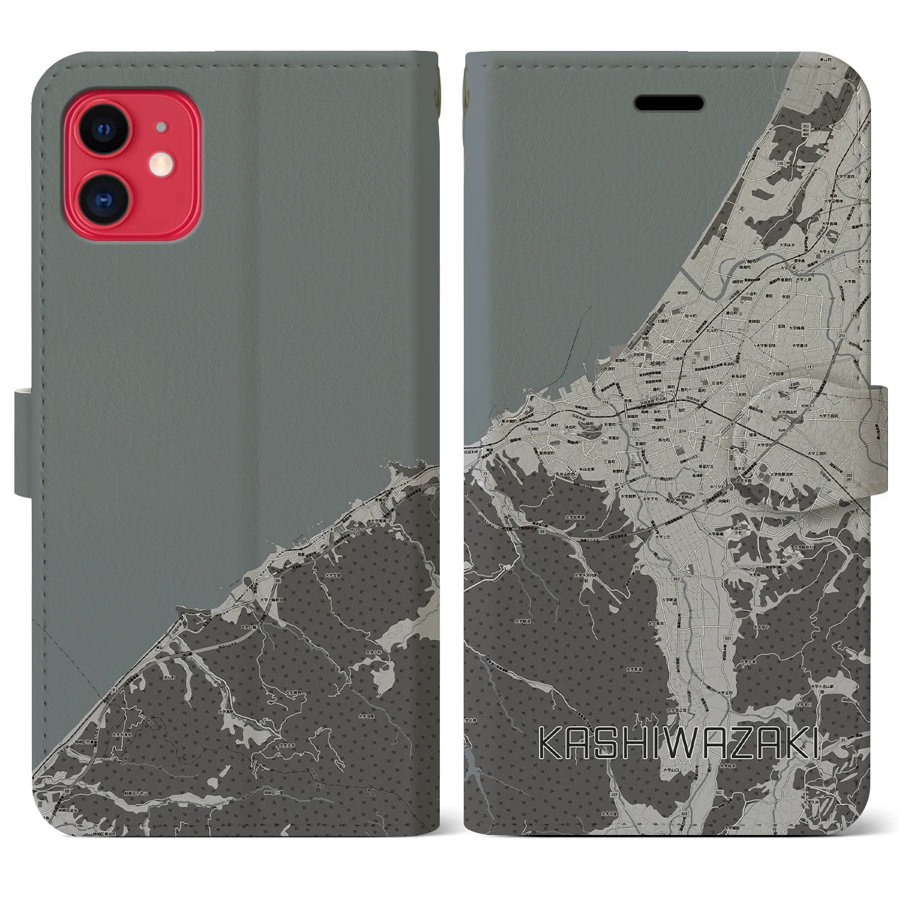 【柏崎(新潟県)】地図柄iPhoneケース(手帳タイプ)モノトーン・iPhone 11 用