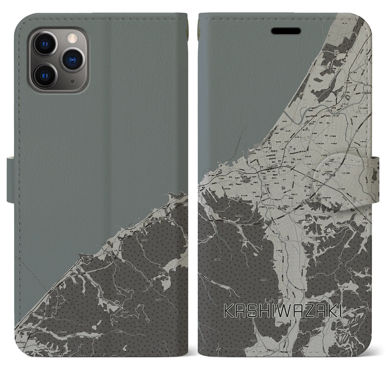 【柏崎(新潟県)】地図柄iPhoneケース(手帳タイプ)モノトーン・iPhone 11 Pro Max 用