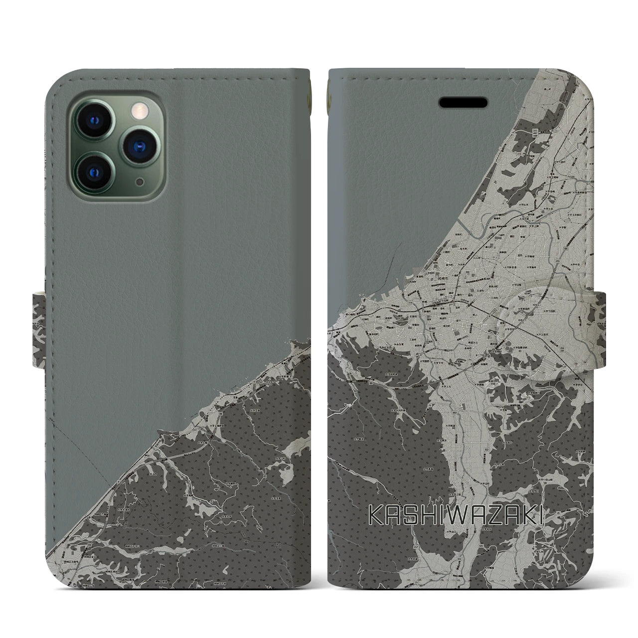 【柏崎(新潟県)】地図柄iPhoneケース(手帳タイプ)モノトーン・iPhone 11 Pro 用