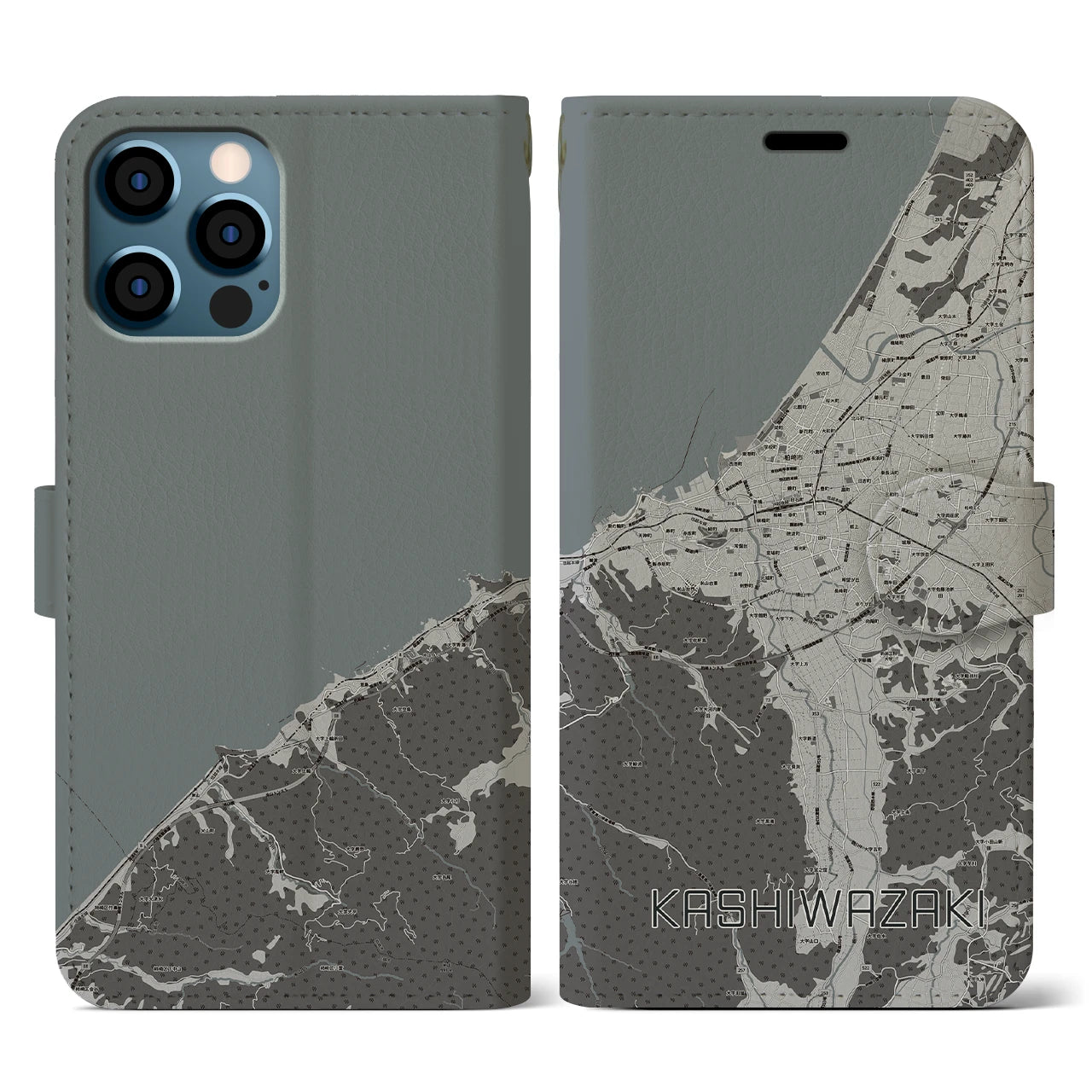 【柏崎(新潟県)】地図柄iPhoneケース(手帳タイプ)モノトーン・iPhone 12 / 12 Pro 用