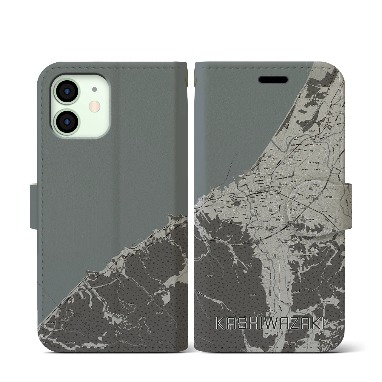 【柏崎(新潟県)】地図柄iPhoneケース(手帳タイプ)モノトーン・iPhone 12 mini 用