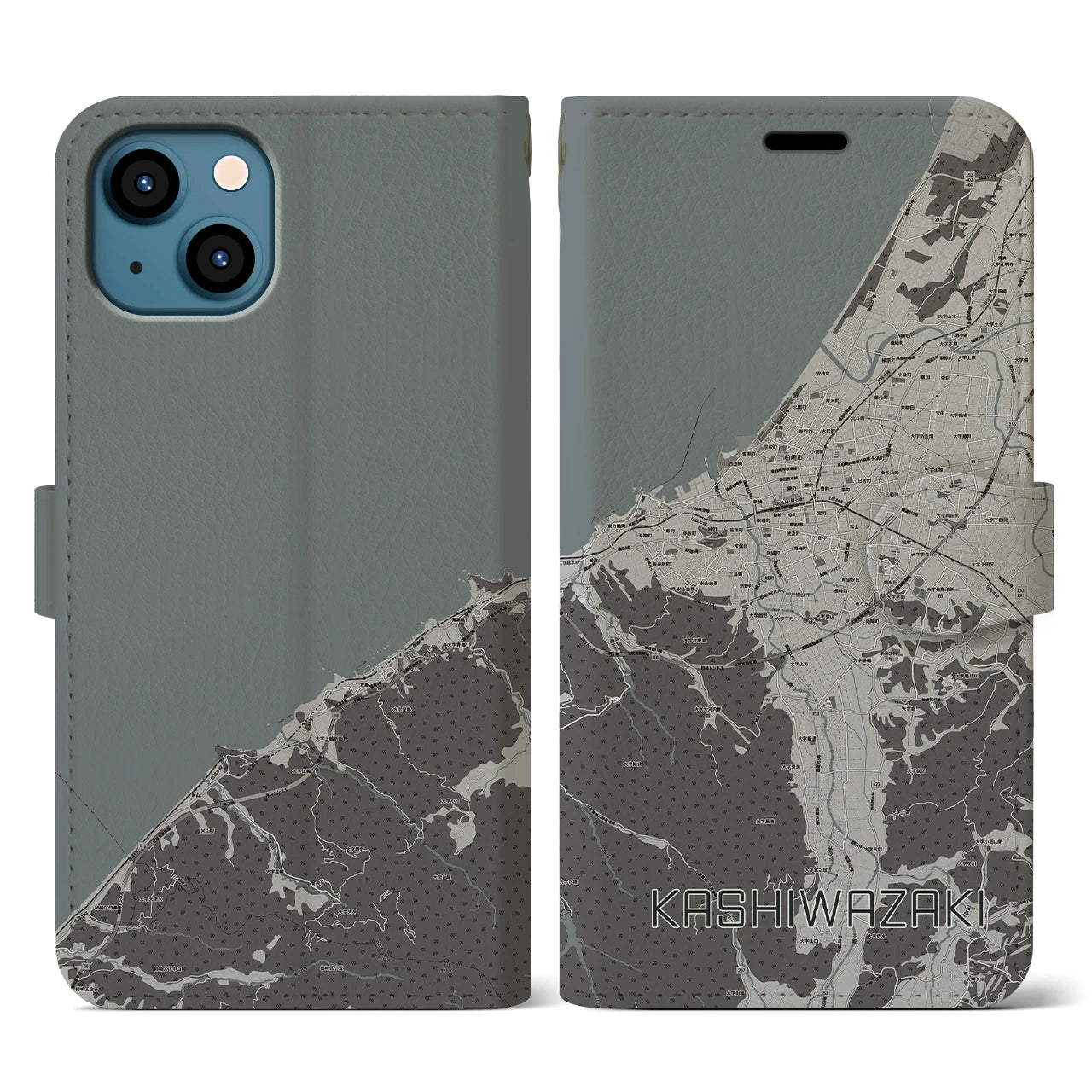【柏崎(新潟県)】地図柄iPhoneケース(手帳タイプ)モノトーン・iPhone 13 用