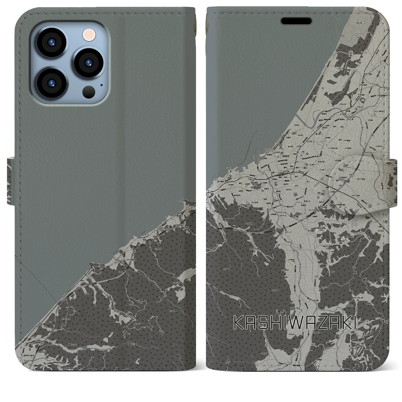 【柏崎(新潟県)】地図柄iPhoneケース(手帳タイプ)モノトーン・iPhone 13 Pro Max 用