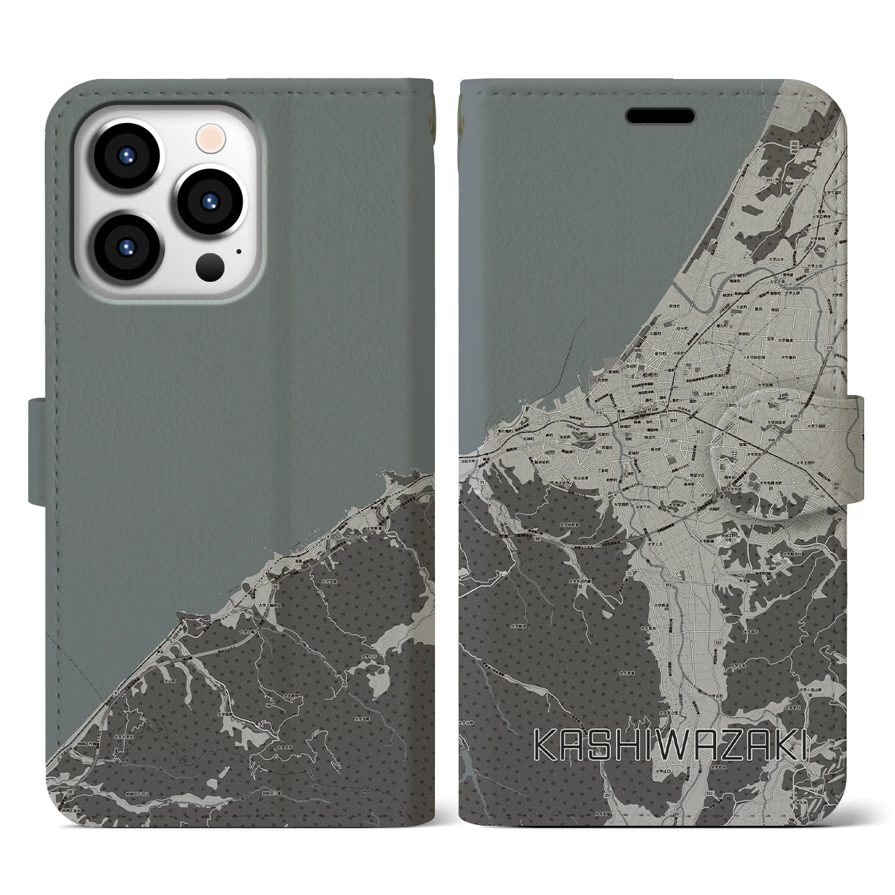 【柏崎(新潟県)】地図柄iPhoneケース(手帳タイプ)モノトーン・iPhone 13 Pro 用