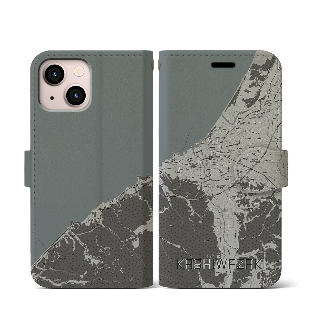 【柏崎(新潟県)】地図柄iPhoneケース(手帳タイプ)モノトーン・iPhone 13 mini 用
