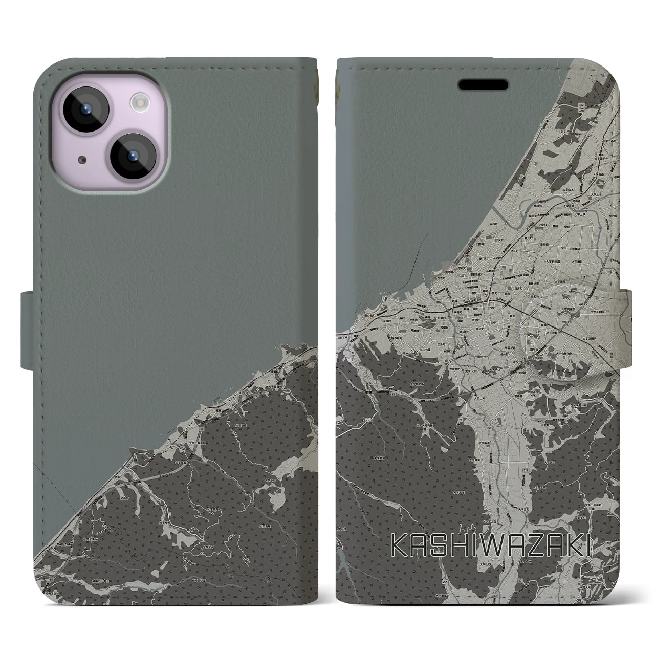 【柏崎(新潟県)】地図柄iPhoneケース(手帳タイプ)モノトーン・iPhone 14 用