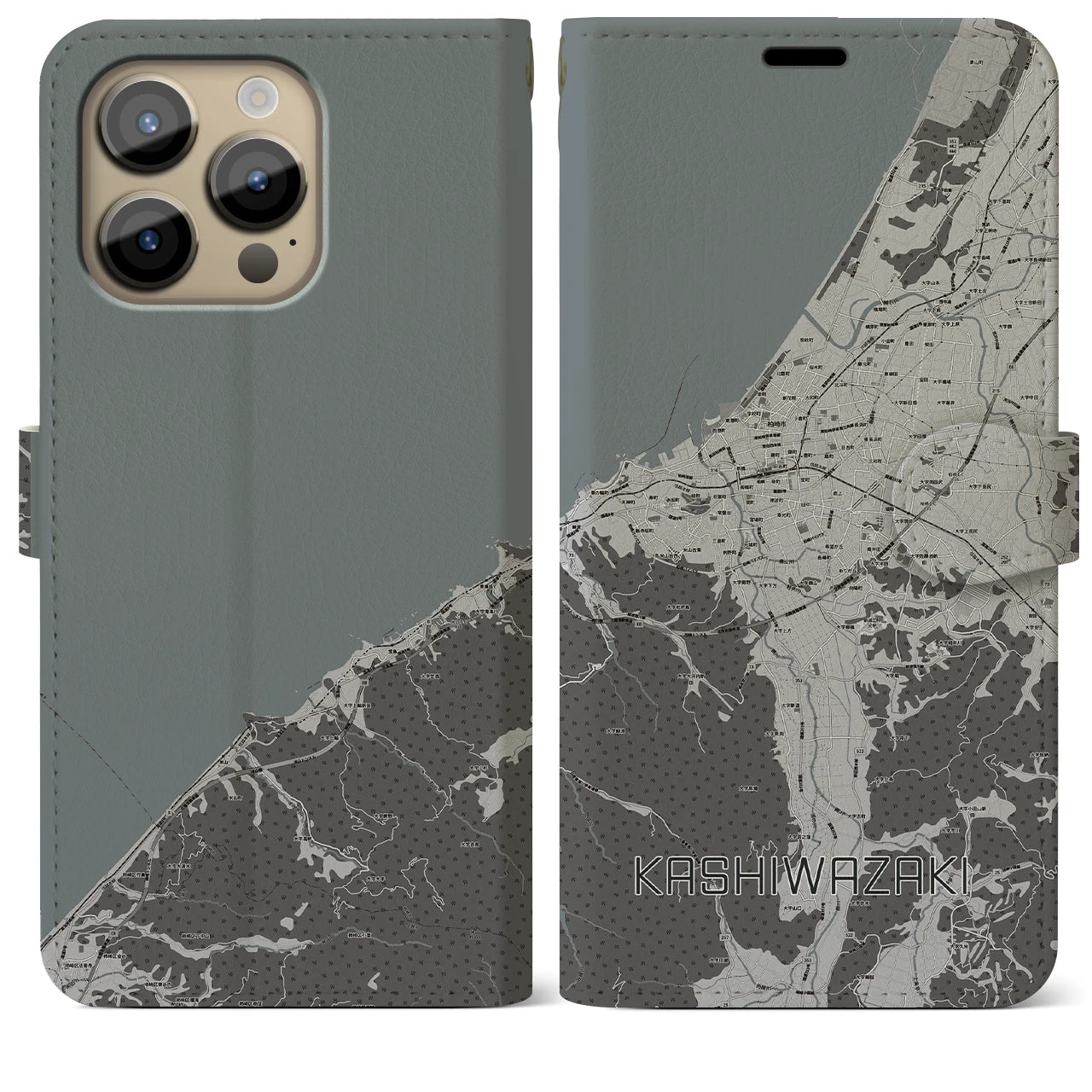 【柏崎(新潟県)】地図柄iPhoneケース(手帳タイプ)モノトーン・iPhone 14 Pro Max 用