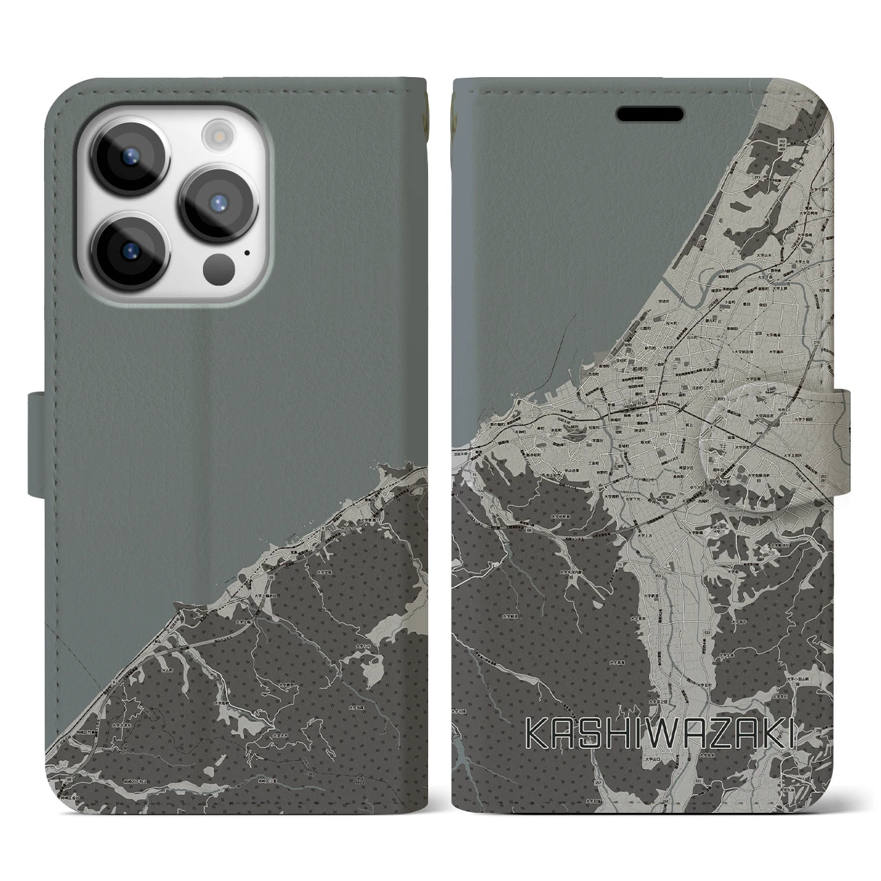 【柏崎(新潟県)】地図柄iPhoneケース(手帳タイプ)モノトーン・iPhone 14 Pro 用