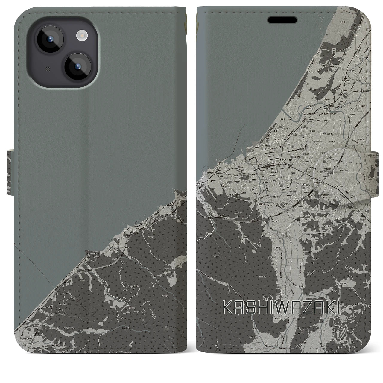 【柏崎(新潟県)】地図柄iPhoneケース(手帳タイプ)モノトーン・iPhone 14 Plus 用