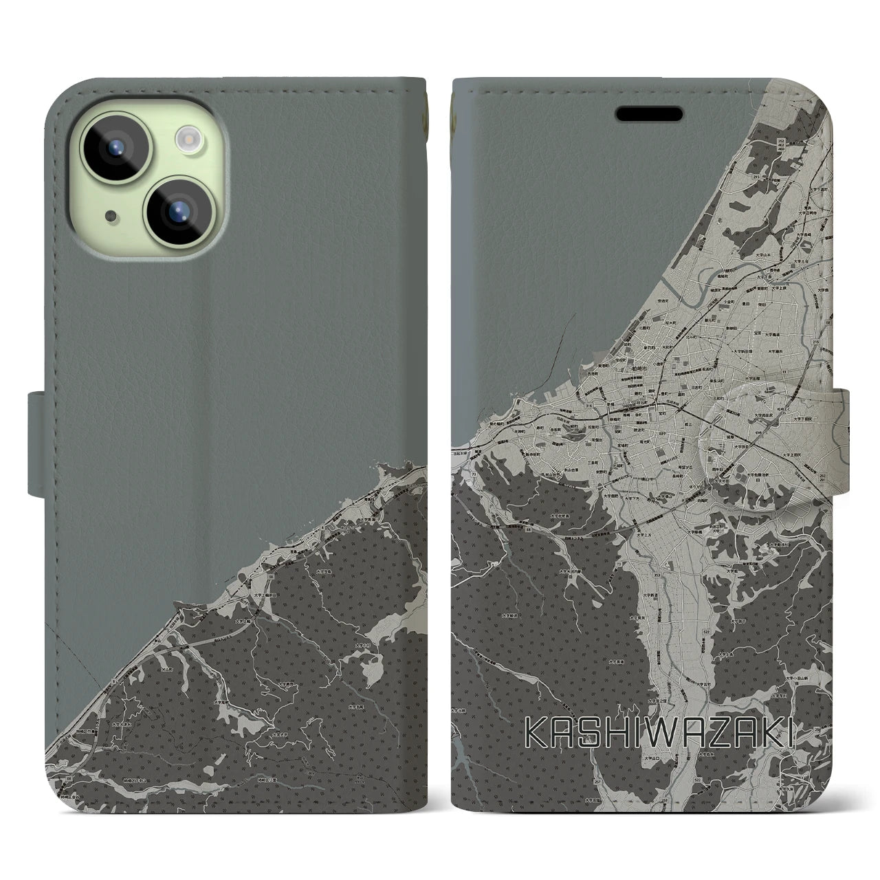 【柏崎(新潟県)】地図柄iPhoneケース(手帳タイプ)モノトーン・iPhone 15 用