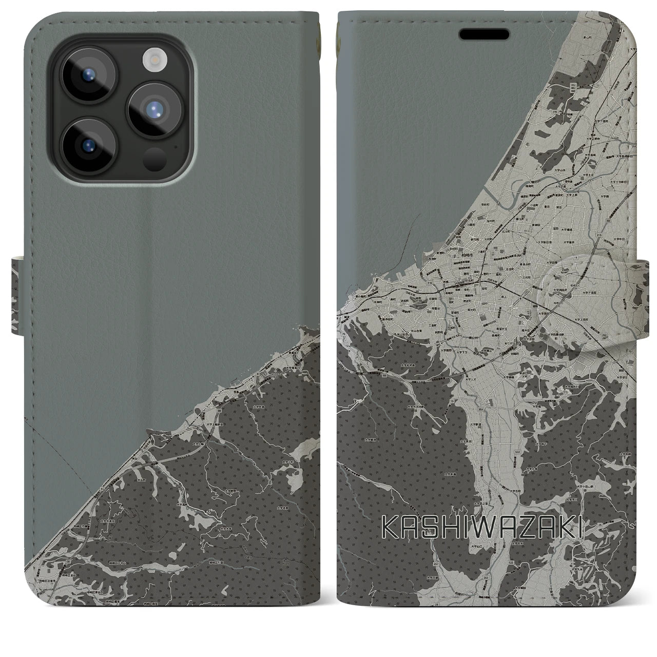 【柏崎(新潟県)】地図柄iPhoneケース(手帳タイプ)モノトーン・iPhone 15 Pro Max 用