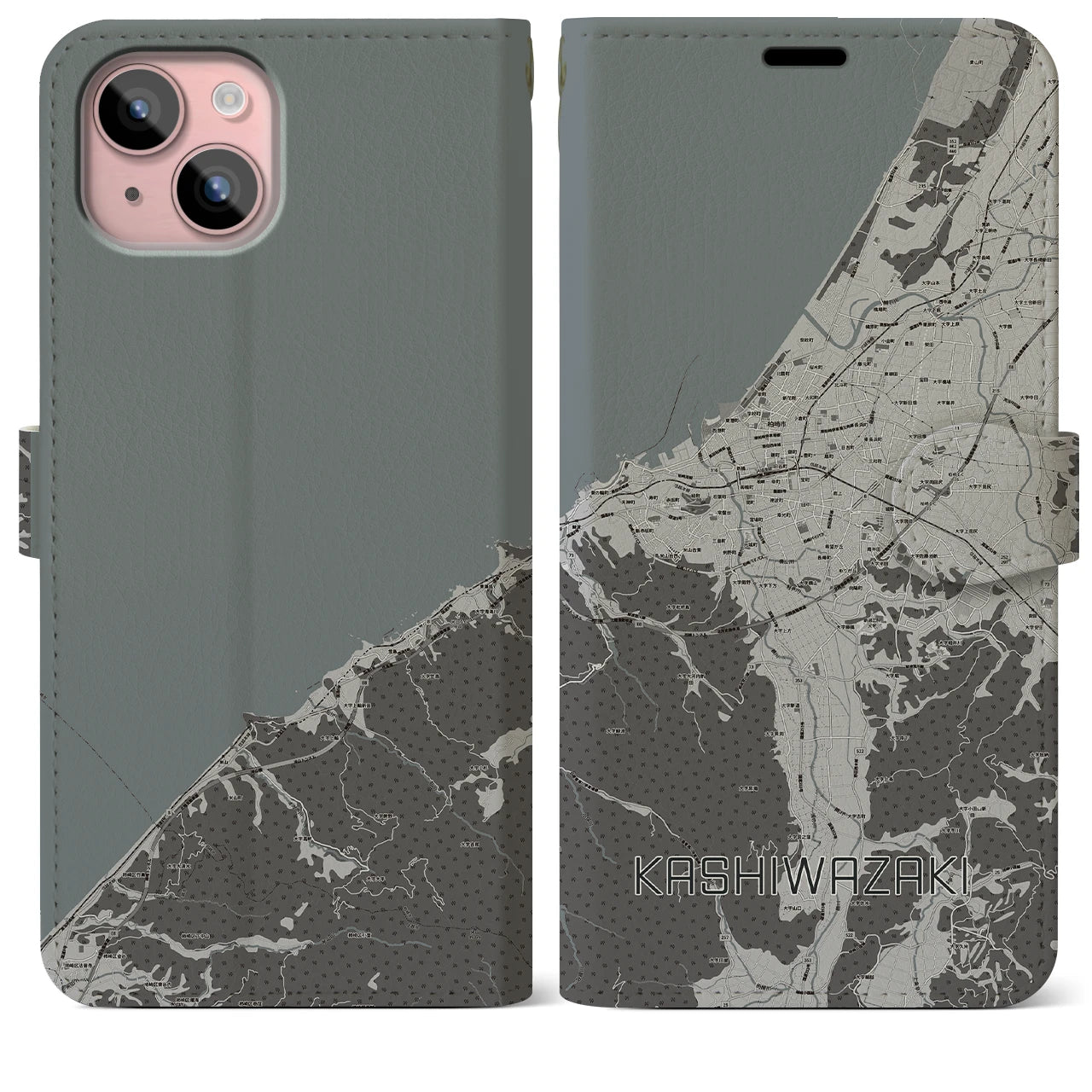 【柏崎(新潟県)】地図柄iPhoneケース(手帳タイプ)モノトーン・iPhone 15 Plus 用