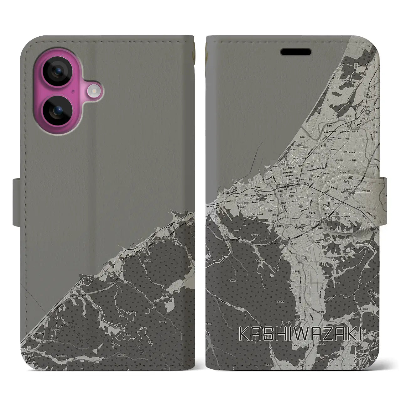 【柏崎(新潟県)】地図柄iPhoneケース(手帳タイプ)モノトーン・iPhone 16 Pro 用