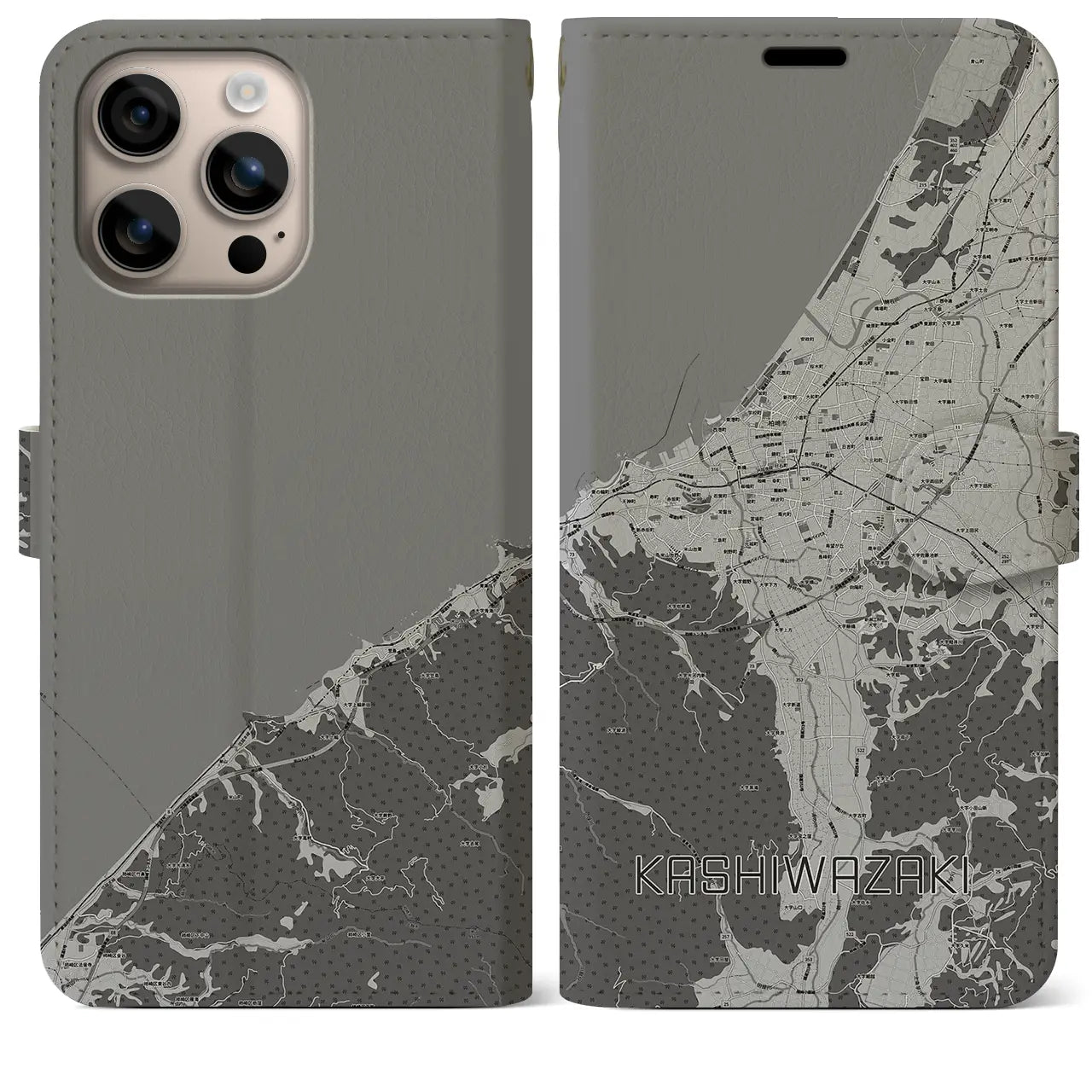 【柏崎(新潟県)】地図柄iPhoneケース(手帳タイプ)モノトーン・iPhone 16 Plus 用