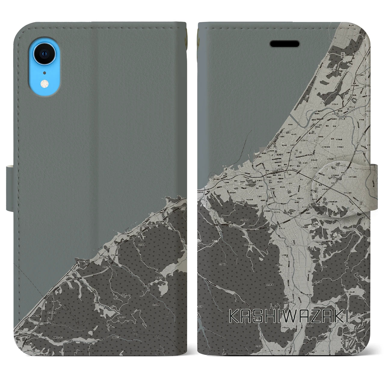 【柏崎(新潟県)】地図柄iPhoneケース(手帳タイプ)モノトーン・iPhone XR 用