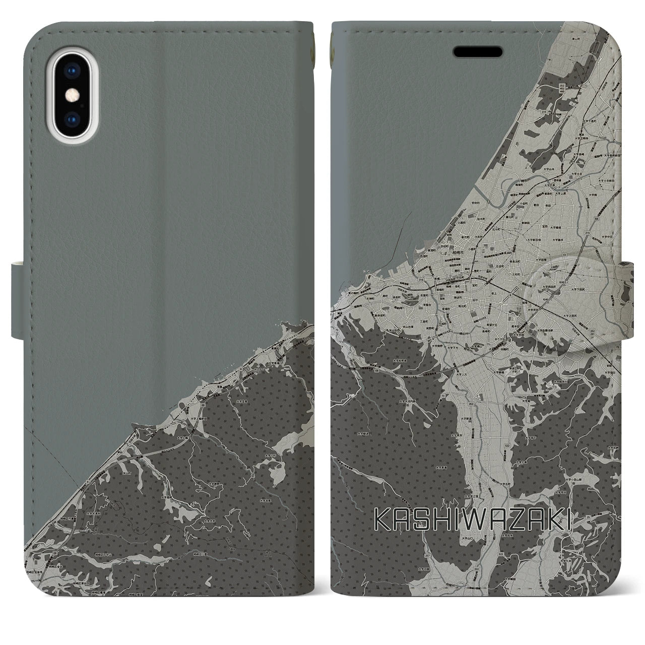 【柏崎(新潟県)】地図柄iPhoneケース(手帳タイプ)モノトーン・iPhone XS Max 用