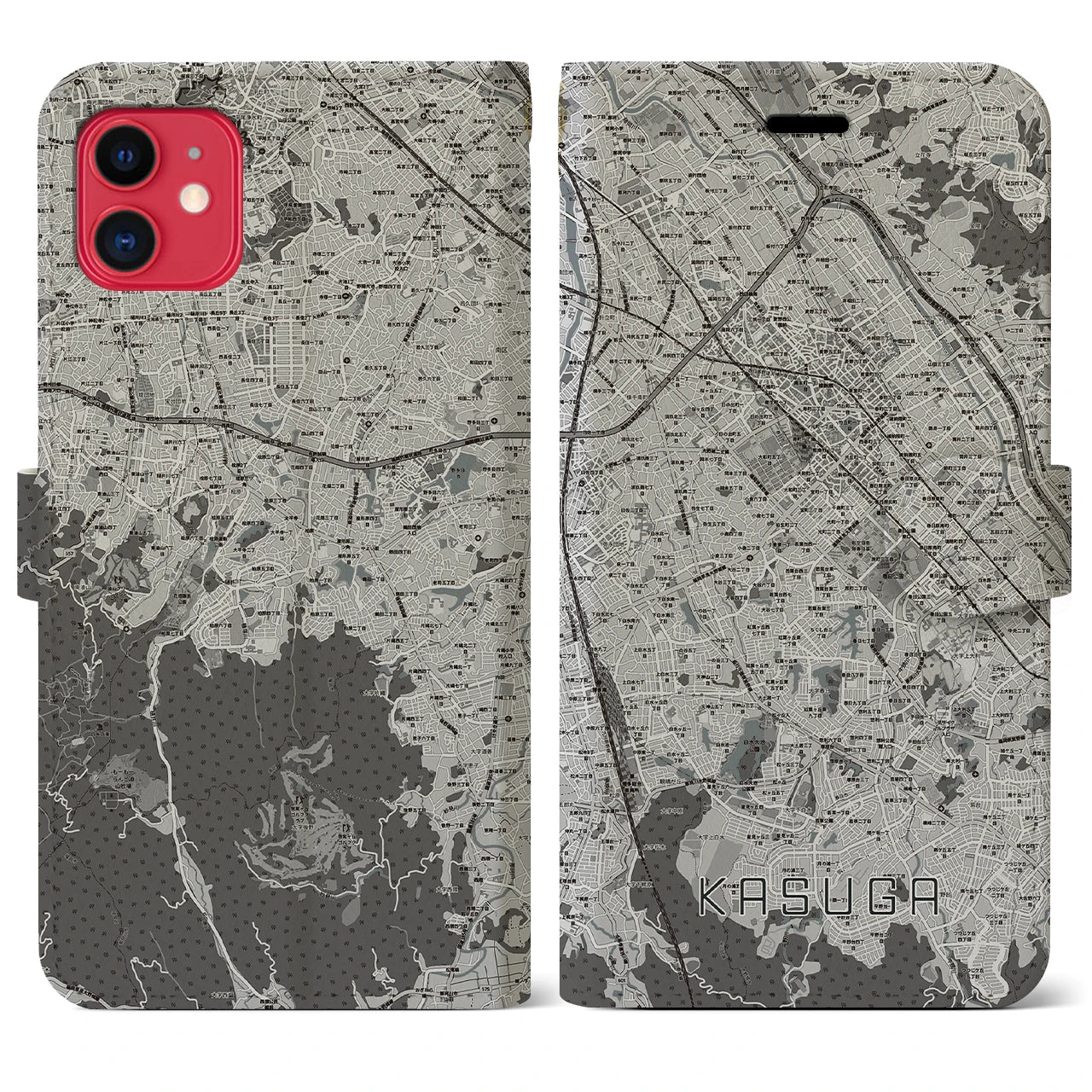 【春日(福岡県)】地図柄iPhoneケース(手帳タイプ)モノトーン・iPhone 11 用