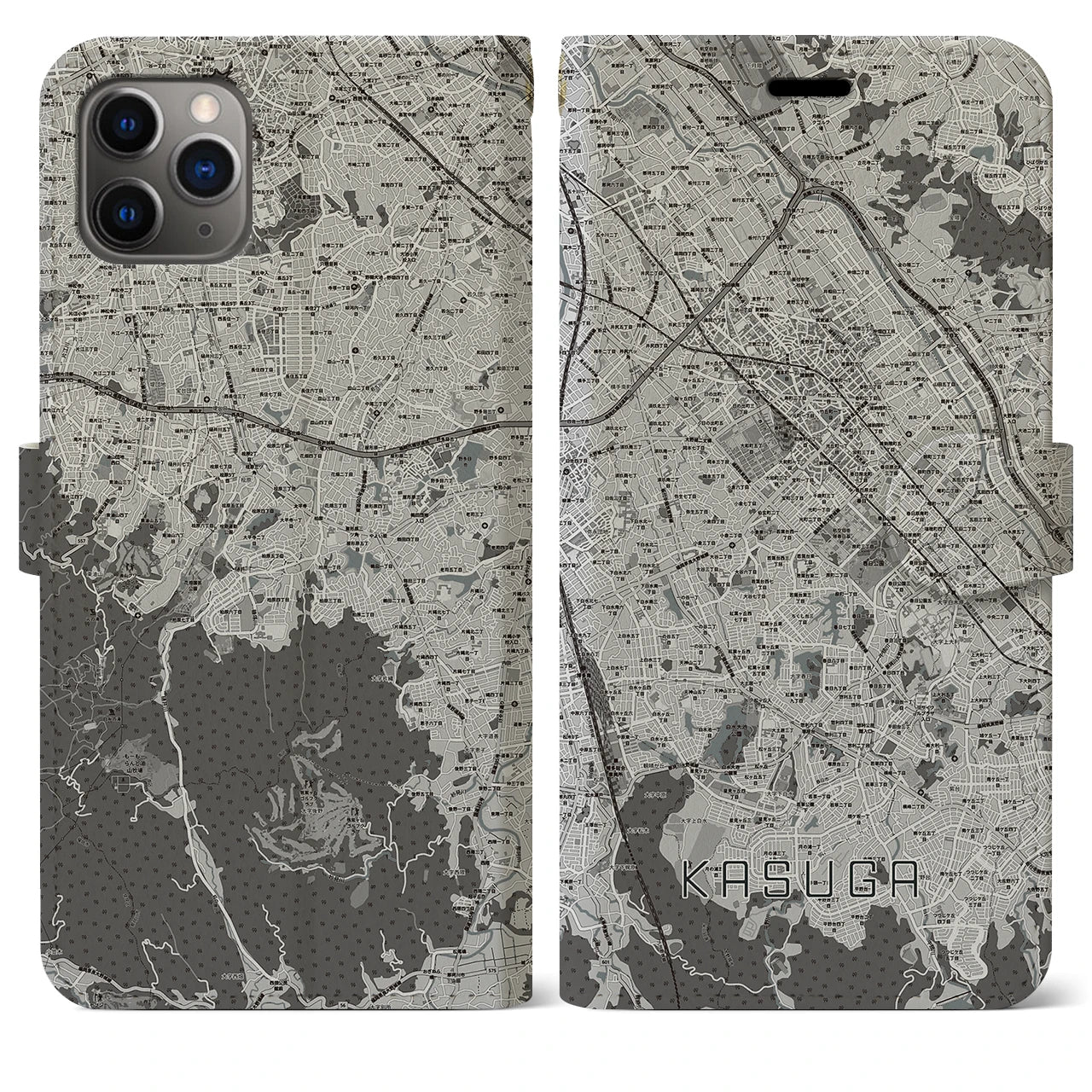 【春日(福岡県)】地図柄iPhoneケース(手帳タイプ)モノトーン・iPhone 11 Pro Max 用