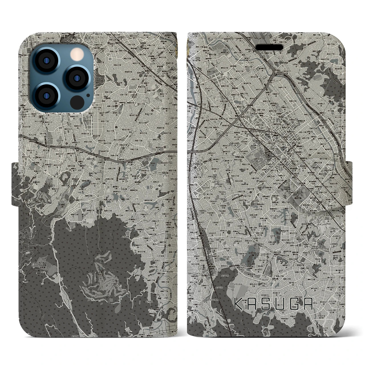 【春日(福岡県)】地図柄iPhoneケース(手帳タイプ)モノトーン・iPhone 12 / 12 Pro 用