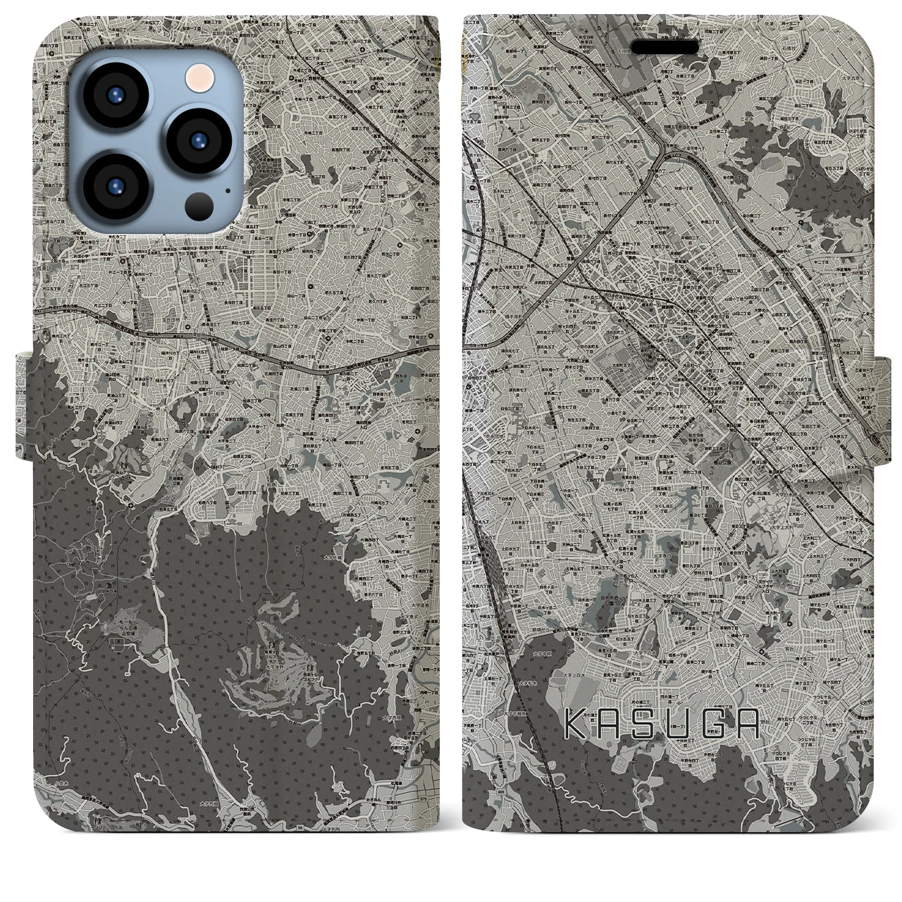 【春日(福岡県)】地図柄iPhoneケース(手帳タイプ)モノトーン・iPhone 13 Pro Max 用
