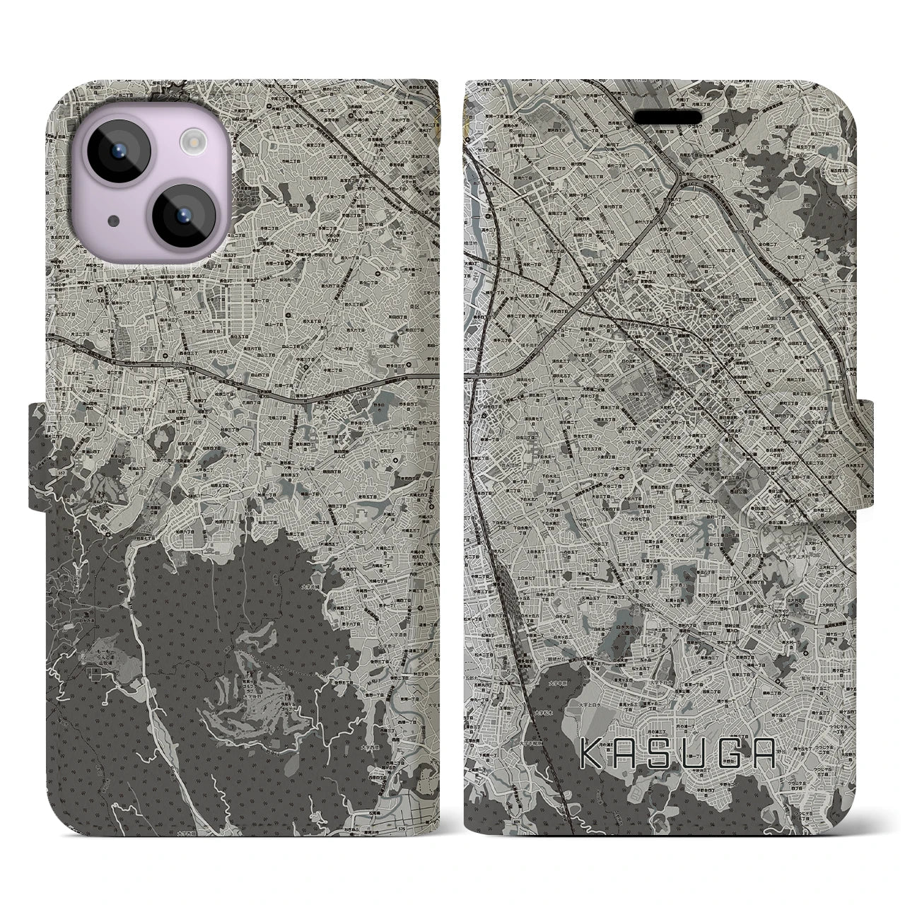 【春日(福岡県)】地図柄iPhoneケース(手帳タイプ)モノトーン・iPhone 14 用